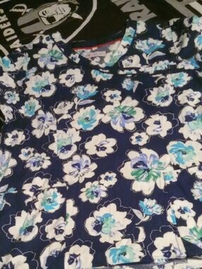 Scrub Top Size Large Brand White  Floral Print Blouse with Blue and White Cross